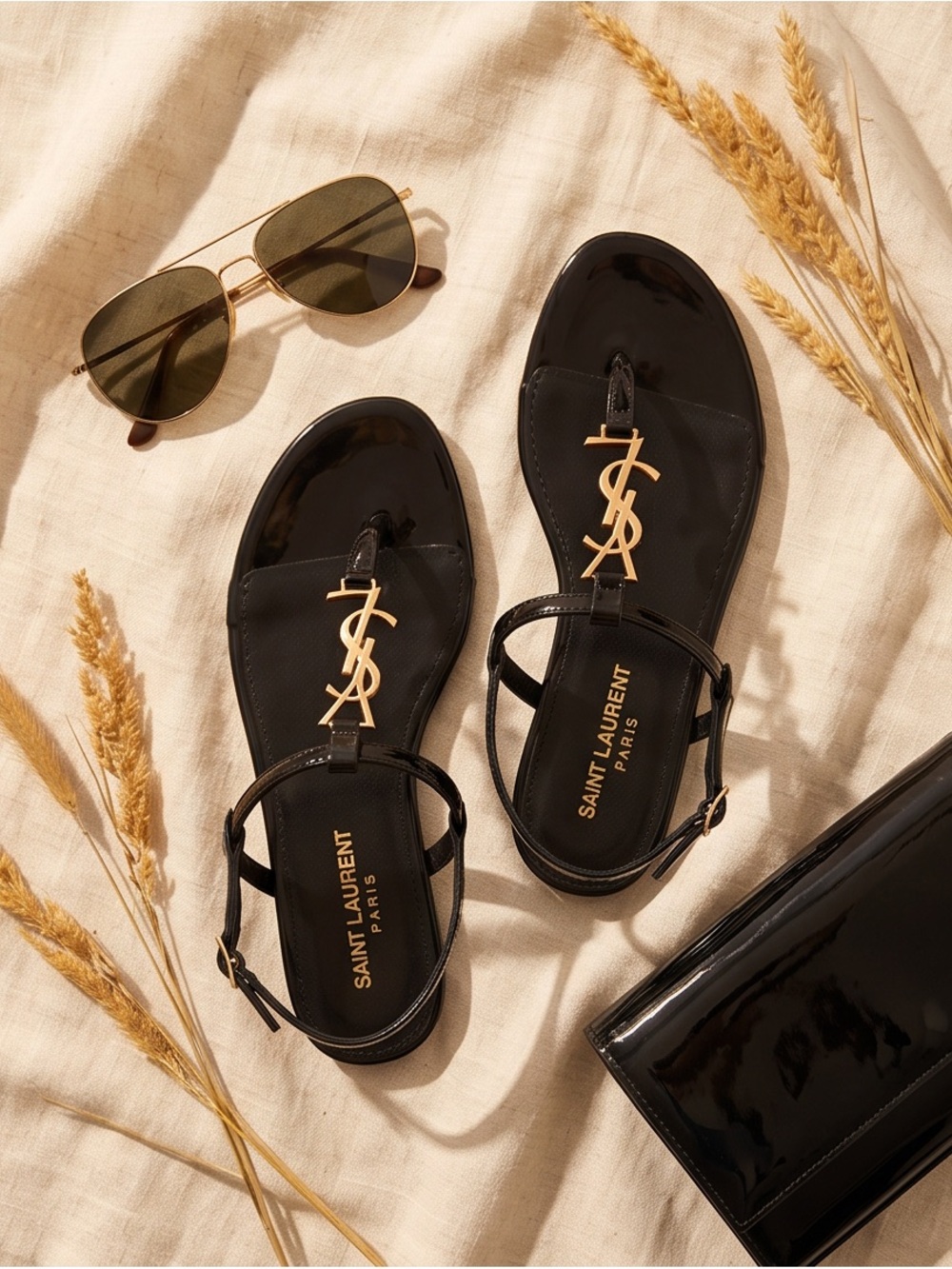 Saint Laurent Black Patent Leather Logo T-Strap Sandals with Gold Hardware - Picture 2 of 3